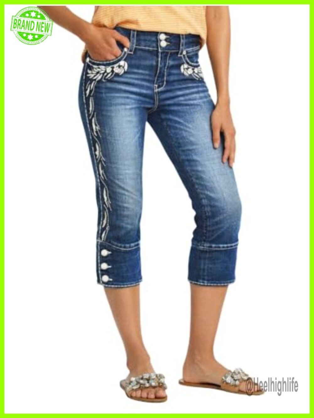 High Waist Skinny Capri Jeans with Plant Embroidery Stretch Denim
